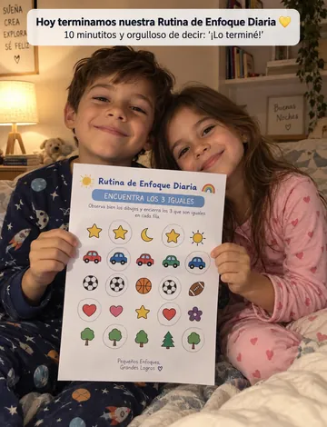 Dos niños mostrando una actividad terminada de la Rutina de Enfoque Diaria