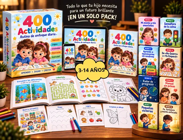 Todo lo que tu hijo necesita para un futuro brillante en un solo pack: 400 Actividades Rutina de Enfoque Diaria y 8 bonos